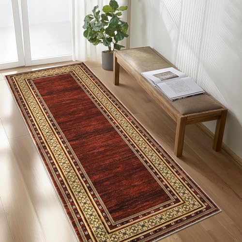 Modern Washable Runner Rug 2x6 Non Slip Bordered Solid Area Rugs, Washable Kitchen Mats Bedside Rug, Stain Resistant Soft Bathroom Carpet, Foldable Runners for Hallways, Entryways, Red | Non Slip Non Shedding Stain Resistant Neutral Textured Solid Foldabl