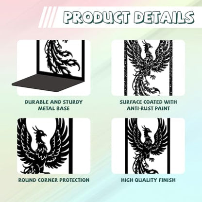 5.3"x4.3"x7.9" Metal Bookends, Heavy Duty Book Ends for Shelves | Phoenix Theme Cast Iron Book Supports, 1 Pair Decor Stoppers for Desk, Library, Office & Home Shelves - style: Phoenix