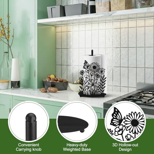 Wildflower Kitchen Countertop Paper Towel Holder Decorative Paper Towel Holder Black Metal Tissue Stand Kitchen Decor Accessories for Home Party Bathroom Countertop Dining Table - style: Wildflower