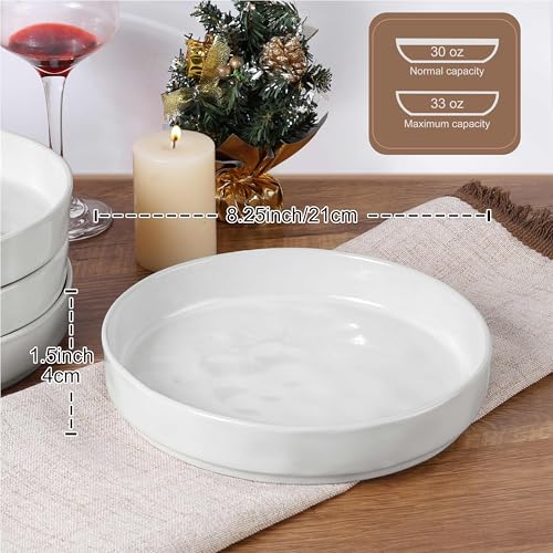LIANYU 8.25" Wide Shallow Pasta Bowls Set of 4, Deep Dinner Salad Plates | Large Ceramic Serving Bowls Plates, Microwave & Dishwasher Safe, Polar White - color: Polar White