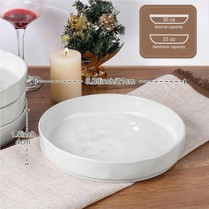 LIANYU 8.25" Wide Shallow Pasta Bowls Set of 4, Deep Dinner Salad Plates | Large Ceramic Serving Bowls Plates, Microwave & Dishwasher Safe, Polar White - color: Polar White