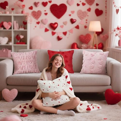 Tiamon 4 Pcs Valentines Throw Pillow Covers 18 x 18 Inch 3D Embroidered Plush Pink Red Hearts Pillow Cases Valentine's Day Love Fluffy Faux Fur Cushion Covers for Sofa Couch Wedding Anniversary Party - style: Valentines