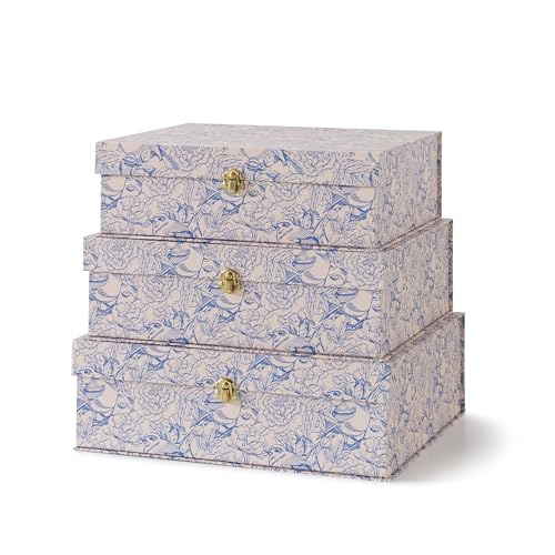 Soul & Lane - Blue Floral Storage Boxes with Gold Hardware, Set of 3 | Keepsake Trunk Style Storage Boxes with Lids for Home Decor and Organizing, Cute White Vintage Wedding Memory Chests - color: Aviary Garden