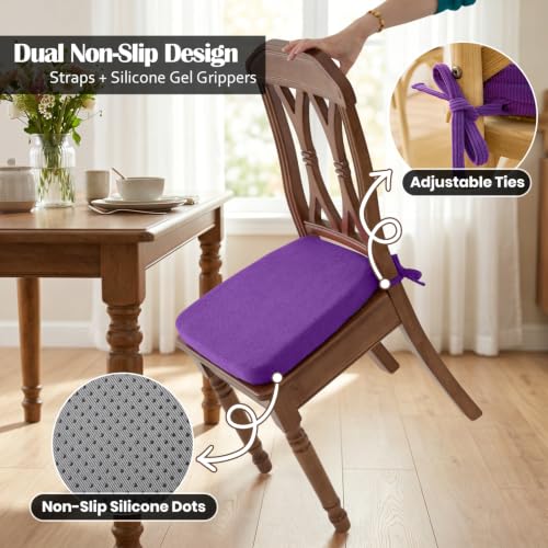 Dining Chair Cushions, Purple, 17"x16", Set of 6 | 2'' Thick Cooling Gel High-Density Foam, Ties and Non-Slip Bottom, Removable Washable Cover, For Dining and Kitchen - color: Purple, size: 6 Count (Pack of 1)