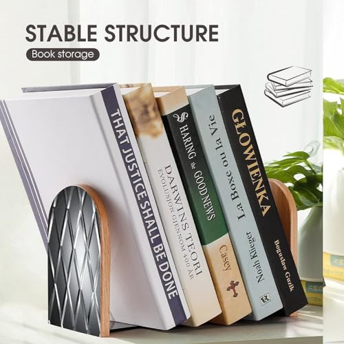 Silver Geometric Figure Bookends 1 Pair Heavy Duty Book Ends for Shelves Non-Skid Bookend Supports Wooden Book Holders with Metal Base Desk Organizers Books Storage to Hold Books