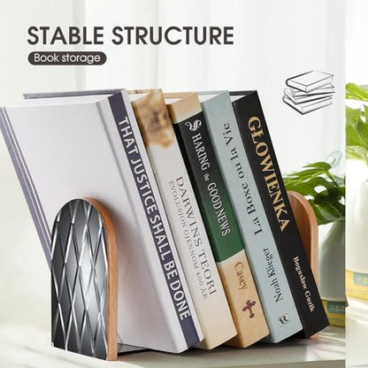 Silver Geometric Figure Bookends 1 Pair Heavy Duty Book Ends for Shelves Non-Skid Bookend Supports Wooden Book Holders with Metal Base Desk Organizers Books Storage to Hold Books