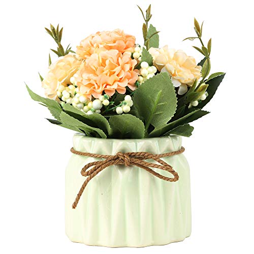 SUPNIU Artificial Hydrangea Bouquet with Small Ceramic Vase Fake Silk Variety Flower Balls Flowers Decoration for Table Home Party Office Wedding (Green) - color: Green
