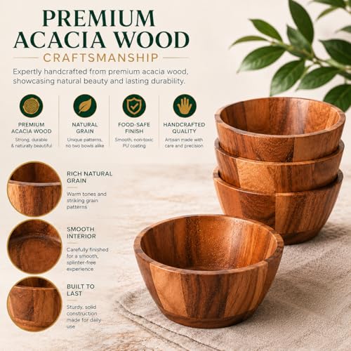 Acacia Wood Round Serving Bowls Set of 4 V Shape Handmade 4.33 Inch Medium Size Brown - size: 4 V Shape Bowls of 4.33-Inch