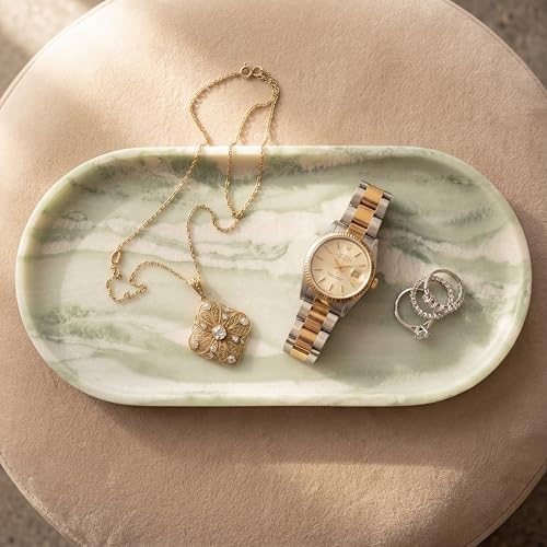 YKAJO Botanical Green Oval Marble Tray, 11.8x5.9 Vanity Perfume Organizer | Honed natural stone; jewelry & trinket dish, ring & key holder, soap & candle catchall; bath counter, dresser, coffee table - color: Botanical Green, size: 11.8" x 5.9" x 0.6"