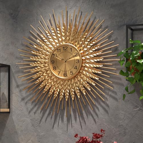 Large Mid Century Gold Wall Clock Decorative Modern Sunburst Wall Clocks, Metal Big Silent Non-Ticking Clock, Luxury Home Gift Decor for Living Room, Bedroom, Dining Room, 28 inch - size: 4.Gold-Wheat(Dismountable-70cm)