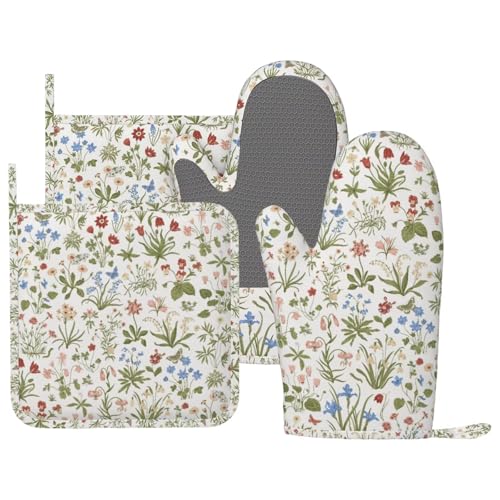 Vintage Wildflowers Botanical Oven Mitts and Pot Holders Sets Silicone Florals Kitchen Oven Mitts Hot Pads Heat Resistant Flowers Potholders Kitchen Mitts Set for Baking BBQ Cooking - color: Beige Blue