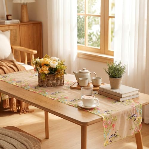 Embroidered Lace Table Runner Spring Summer Floral Tulle Trim Table Runner Flowery for Easter Home Kitchen Dining Wedding Party Indoor Decoration(13 x 72 Inch) - size: 13 x 72 inches