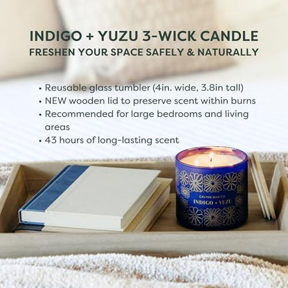 Indigo & Yuzu 3 Wick Scented Candle - 43 Hour Burn | Made in the USA Luxury Clean Soy Wax Candles - Long Lasting Large Glass Jar Candle for Home - 3 Wicks - 14.9oz - color: Indigo + Yuzu