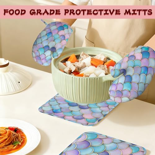 Pink Mermaid Scales Heat-Resistant Silicone Oven Mitts and Pot Holders,Long Oven Gloves with Non-Slip Grip for Cooking, Baking, Grilling,BBQ - color: Pink Mermaid Scales