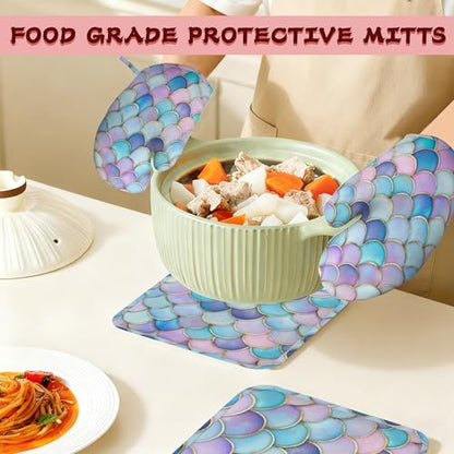 Pink Mermaid Scales Heat-Resistant Silicone Oven Mitts and Pot Holders,Long Oven Gloves with Non-Slip Grip for Cooking, Baking, Grilling,BBQ - color: Pink Mermaid Scales