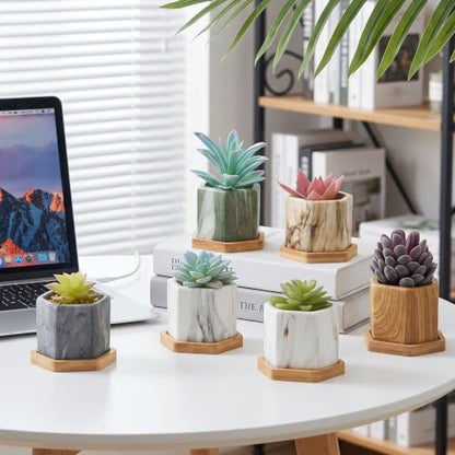 Marbling Ceramic Flower Pot Succulent Small Plant Cactus Herbs Planter Ceramic Pot with Drainage Hole Matte Container(6 Pcs,Hexagon Style) - style: Hexagon Style