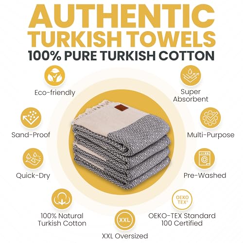 Gold CASE Turkish Beach Towel Set of 4 – 100% Cotton Large Turkish Bath Towels 67 x 38'' – Zeus Extra Large, Quick Dry & Sand Free Towels – Peshtemal for Pool – Brown - color: Brown, size: Zeus Beach Bath Towel