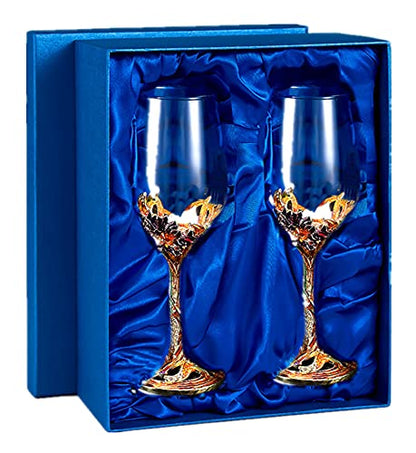 Comeon Flower Wine Glasses Hand Painted Wine Glasses Golden 2 Set | Golden Enamels Floral Design, Included Gift Box, Transparent Glass, Long Stem Crystal Red Wine Glasses, Champagne Glasses - color: Golden/ 2 set (gift box)