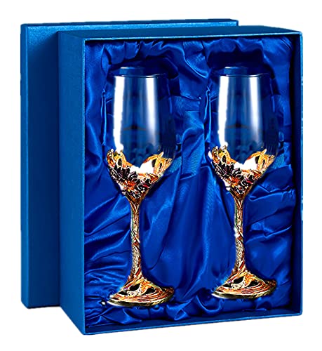 Comeon Flower Wine Glasses Hand Painted Wine Glasses Golden 2 Set | Golden Enamels Floral Design, Included Gift Box, Transparent Glass, Long Stem Crystal Red Wine Glasses, Champagne Glasses - color: Golden/ 2 set (gift box)