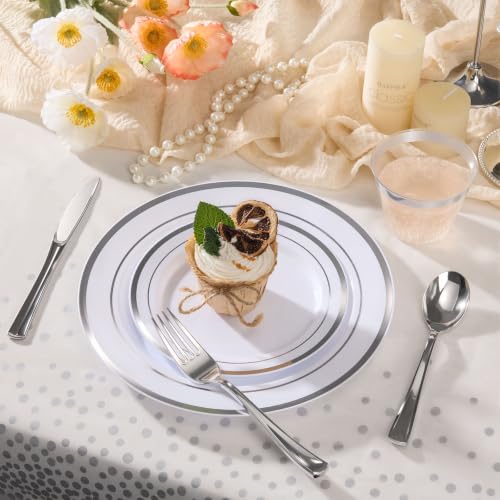 352 Piece Silver Plastic Dinnerware Set for 50 Guests | Includes: 50 Dinner Plates 50 Dessert Plates, 50 Pre Rolled Napkins with Silverware, 50 Cups, 2 Tablecloth - color: Silver, style: 352 Piece (50 guests)