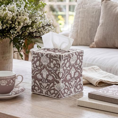 Blue Fabric Tissue Box Cover - Floral Print Tissue Box & Decorative Square Napkin Holder Handmade Cotton for Home Bedroom Vanity Countertop Nightstand Office (Grayish Brown) - style: Grayish Brown