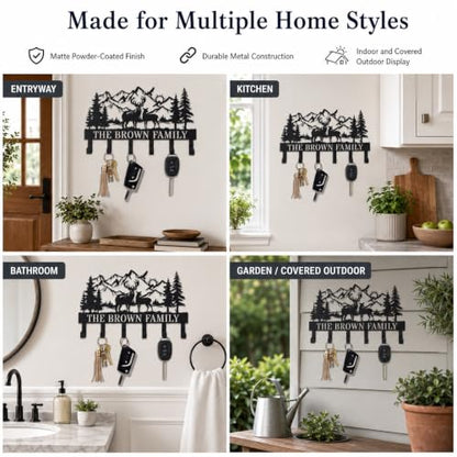 Personalization Deer Mountain Metal Key Holder custom Wall Mount Key Holder for Wall Rustic Cabin Decor Key Rack Hooks Hanger Woodland Wildlife Wall Art Entryway Organizer Housewarming Hunting Gifts - size: Small, style: Custom