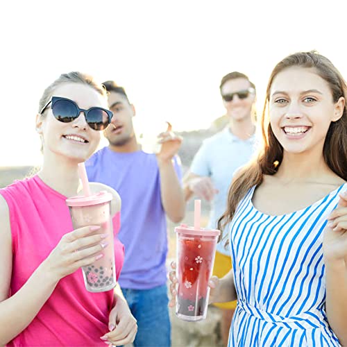 Reusable Plastic Boba Cup With Lids And Straws, 24Oz/700ml Smoothie Cups, Iced Coffee Cup, Leakproof Kawaii Cup, Boba Tumbler With Boba Reusable Straw,Double Wall Clear Bubble Tea Cup - color: Pink