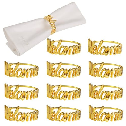wonlex Gold Napkin Rings Set of 12, Modern Themed Napkin Ring Buckles Simple Alphabet Napkin Rings Serviette Napkin Holder for Family Gatherings Dinner Engagement Party Banquet Table Decor(Welcome) - style: Welcome