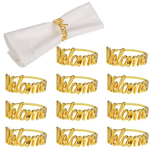 wonlex Gold Napkin Rings Set of 12, Modern Themed Napkin Ring Buckles Simple Alphabet Napkin Rings Serviette Napkin Holder for Family Gatherings Dinner Engagement Party Banquet Table Decor(Welcome) - style: Welcome