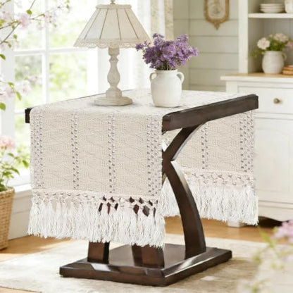 36" Boho Macrame Table Runner, Short Cream Coffee Runner, Nightstand - color: Beige, size: 36 inches