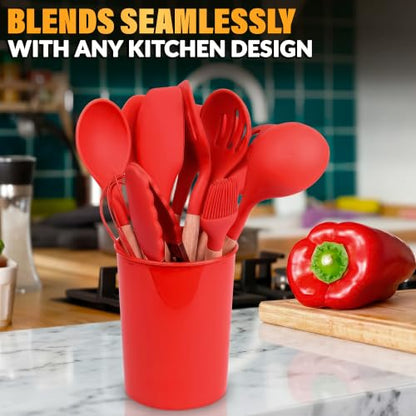 12 Pcs Red Kitchen Utensils Set with Holder – Versatile Silicone Utensils Set for Cooking and Baking, Gentle on Pots and Pans, Heat-Resistant, Stylish, Easy to Clean, Red Kitchen Accessories - color: Red