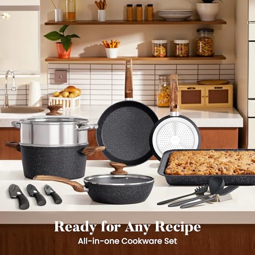 Kitchen Academy Induction Cookware & Bakeware Set, 30pcs Pots and Pans Set | Nonstick Kitchen Cookware Sets, Granite Cooking Pan and Pot Set, All-Stovetop Compatible, PFOS/PFOA-free, Black - color: Black, size: 30 PCS Cookware Set