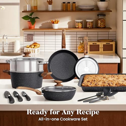 Kitchen Academy Induction Cookware & Bakeware Set, 30pcs Pots and Pans Set | Nonstick Kitchen Cookware Sets, Granite Cooking Pan and Pot Set, All-Stovetop Compatible, PFOS/PFOA-free, Black - color: Black, size: 30 PCS Cookware Set