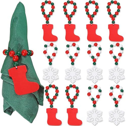 KPOSIYA Christmas Napkin Rings Set of 12, Snowflake Socks Napkin Rings for Table Decor, Wooden Napkin Holder Buckle for Christmas,Winter Holiday, Home Party, Wedding Supplies - size: 12pcs, style: Socks&Snow
