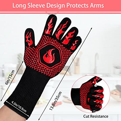 BBQ Gloves 1472F Heat Resistant Non-Slip Silicone 13.8in (Red) | Grill Cut-Resistant, Oven Kitchen Safe for Barbecue, Cooking, Frying, Oven Mitts - color: Red