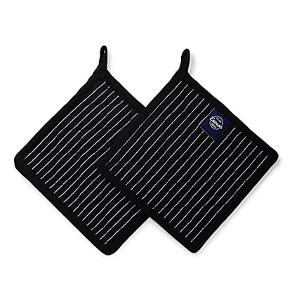 Encasa XO Pot Holders, Quilted Kitchen Hot Pads 8"x8" Butcher Stripes Black | 100% Eco-Friendly Cotton | Thick Cotton Padding Insulation | Convenient Hanging Loop | Set of 2 - color: Butcher Stripes Black