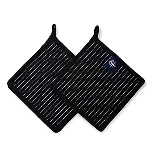 Encasa XO Pot Holders, Quilted Kitchen Hot Pads 8"x8" Butcher Stripes Black | 100% Eco-Friendly Cotton | Thick Cotton Padding Insulation | Convenient Hanging Loop | Set of 2 - color: Butcher Stripes Black