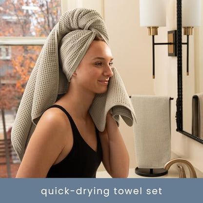 S&T INC. Aura Waffle Bath Towel Set, 6 Pieces, Beige | 2 Bath Towels, 2 Hand Towels, 2 Wash Cloths, Absorbent Microfiber, Quick-Dry and Lightweight, 420GSM - color: Beige