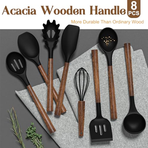 Silicone Cooking Utensil Set, Umite Chef 8-Piece Kitchen Utensils Set with Natural Acacia Wooden Handles,Food-Grade-Silicone Kitchen Gadgets Spatulas Set for Nonstick Cookware- Black - color: Black
