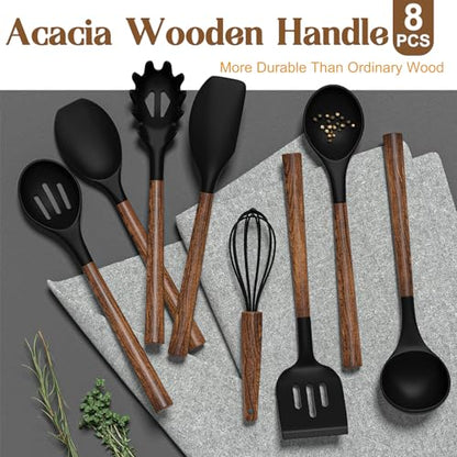 Silicone Cooking Utensil Set, Umite Chef 8-Piece Kitchen Utensils Set with Natural Acacia Wooden Handles,Food-Grade-Silicone Kitchen Gadgets Spatulas Set for Nonstick Cookware- Black - color: Black
