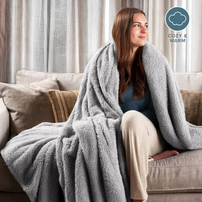 Bare Home Faux Shearling Blanket (Full/Queen, Solid Light Grey) | Blanket for Bed, Sofa, Couch, Camping, Travel, and Gifts, Warm & Lightweight, Fluffy & Soft - color: 04 - Solid Light Grey, size: Full/Queen