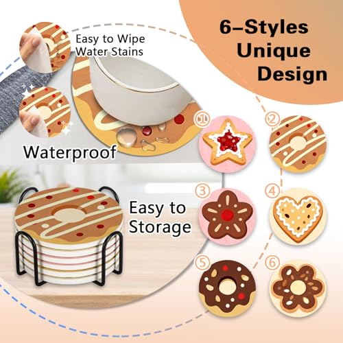 Sweet Dessert Ceramic Coasters with Holder Set of 6 | Donut Cookie Absorbent Drink Cup Mat for Coffee Table Protection, 4'' Bakery Cafe Home Kitchen Decor Housewarming Gifts