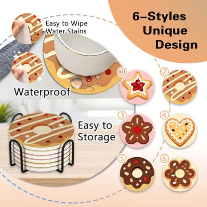 Sweet Dessert Ceramic Coasters with Holder Set of 6 | Donut Cookie Absorbent Drink Cup Mat for Coffee Table Protection, 4'' Bakery Cafe Home Kitchen Decor Housewarming Gifts