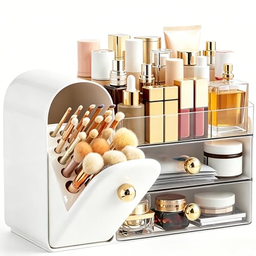 HBlife Makeup Organizer Countertop with Drawers, Vanity Organizers with Brush Holder, Bathroom Counter Organizer for Perfume, Nail Polishes, Lipsticks, Skincare and Eyeshadow Palettes, White and Clear - color: White and Clear