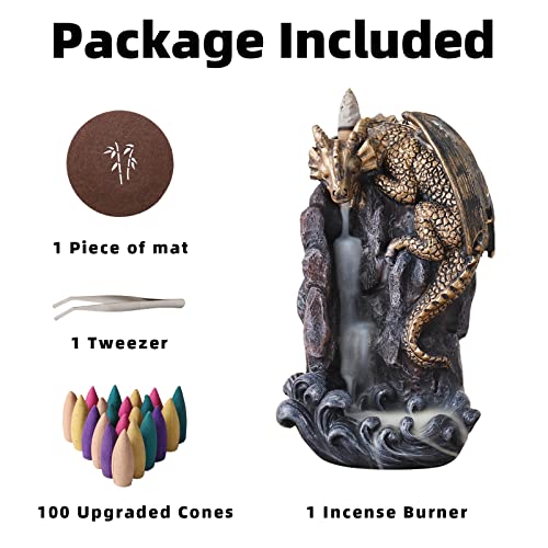 Dragon Backflow Incense Holder Waterfall Incense Burner, with 100 Backflow Incense Cones,1 Mat,1 Tweezers，Aromatherapy Ornamental for Home Office Yoga （Golden Dragon） - color: Golden
