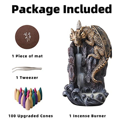 Dragon Backflow Incense Holder Waterfall Incense Burner, with 100 Backflow Incense Cones,1 Mat,1 Tweezers，Aromatherapy Ornamental for Home Office Yoga （Golden Dragon） - color: Golden