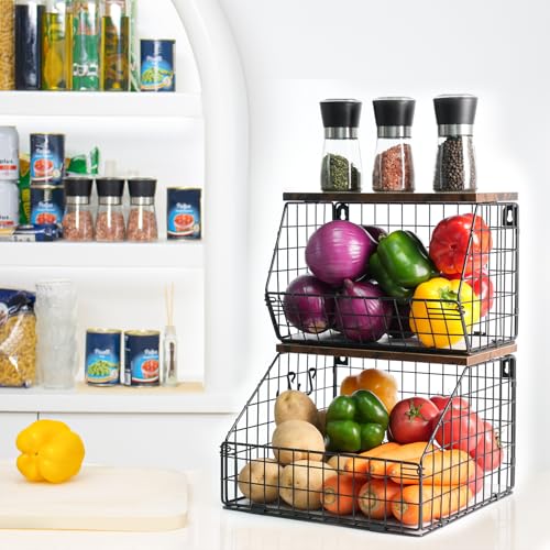 Mefirt Fruit Basket, Stackable Wall Mounted Fruit Baskets, Potato Baskets Onion Storage for Kitchen, Hanging Wire Basket with Wood Lid, 2-Tier Vegetable Organizer Kitchen Countertop Organization | Hanging Potato Basket Wire Basket with Wood Lid, 2-Tier Ve