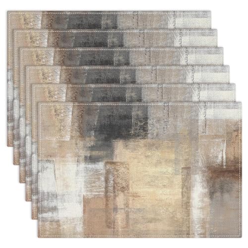 Emvency Farmhouse Placemats Set of 6, 12x18 Inch, Beige Geometric | Farmhouse Modern Art Painting Table Mats for Outdoor Home Party Kitchen Dining Decoration - color: Abstract Brown 1, size: Set of 6