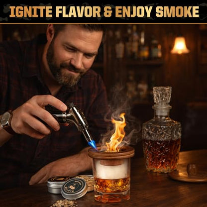 Whiskey Smoker Kit with Torch- 6 Wood Chip Flavors, 4 stainless steel ice cubes - Cocktail Smoker Infuser Kit for Bourbon & Old Fashioned, Birthday Whiskey Gifts for Men, Dad(No Butane, No Glass)
