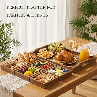 Serving Tray with 5 Removable Snack Boxes,Acacia Wood Snack Tray for Parties and Entertaining, Movie Night, Coffee Table and Charcuterie Serving - color: Acacia Wood-2